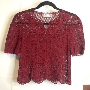 VTG 90s Lim’s Deep Red Hand-Crocheted Cropped Cardigan RARE